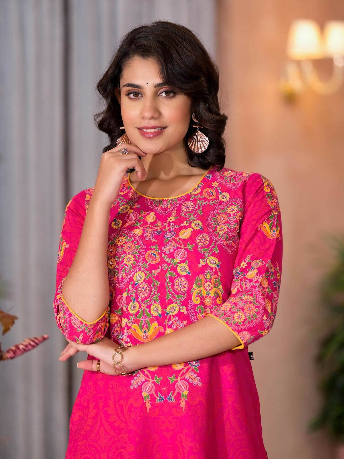 Juniper Women's Pink Thread Embroidered Liva Rayon Kurta Pant And Dupatta Set With Sequins Beads & Lace | Grocsy