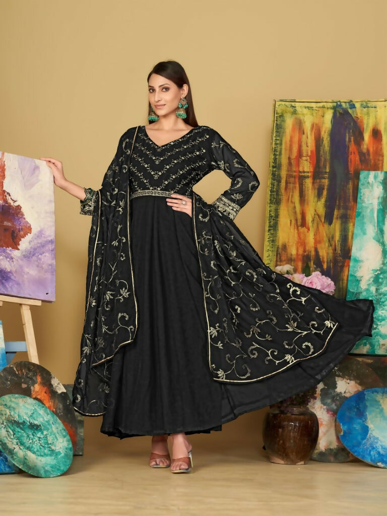 Jyoti Fashion Women's Black Georgette Embroidered Anarkali Kurta Pant Set With Dupatta | Grocsy