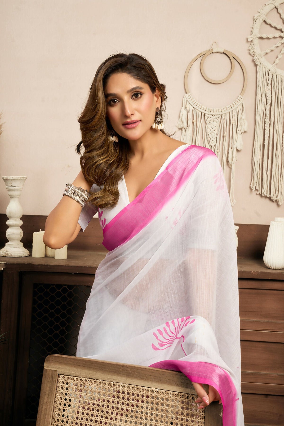Vastranavya White Digital Printed Linen Ready To Wear Designer Saree with Unstitched Blouse | Grocsy