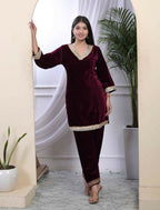 Miravan Women's Wine Embroidered Velvet Co-ord Set | Grocsy