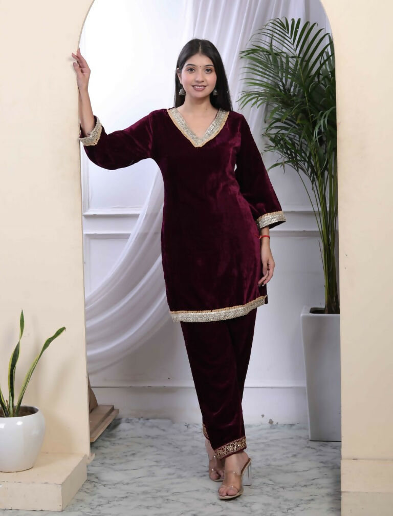 Miravan Women's Wine Embroidered Velvet Co-ord Set | Grocsy