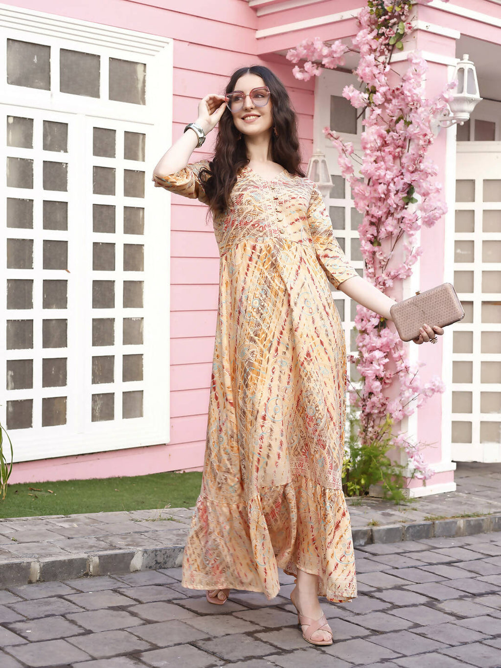 Peach Rayon Foil Printed Long Dress - Michan | Grocsy