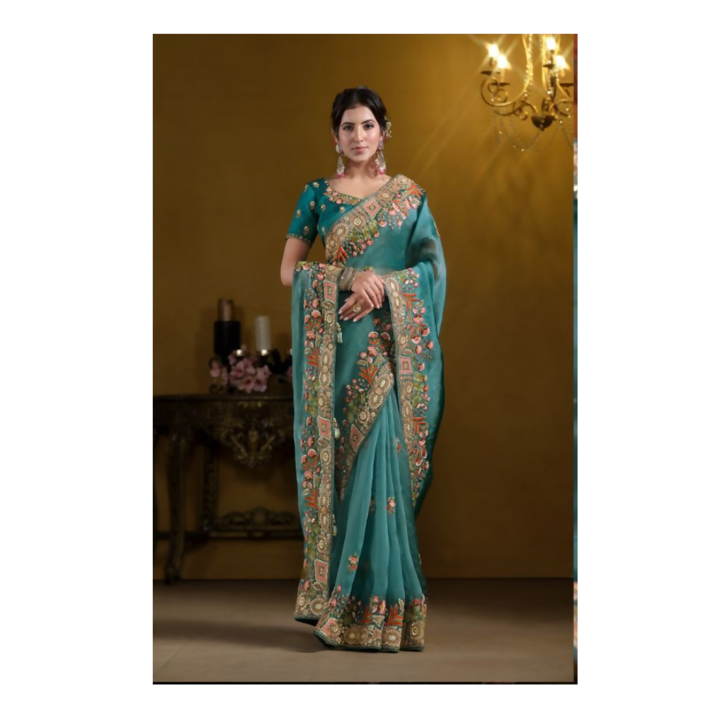Teal Blue Pure Twill Tissue Pure Khatli work Designer Saree With Blouse. - Rajasvi | Grocsy