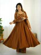 Teeya Creation New Trendy Stylish Elegant Finish With Full Flair Gold Gown Set | Grocsy