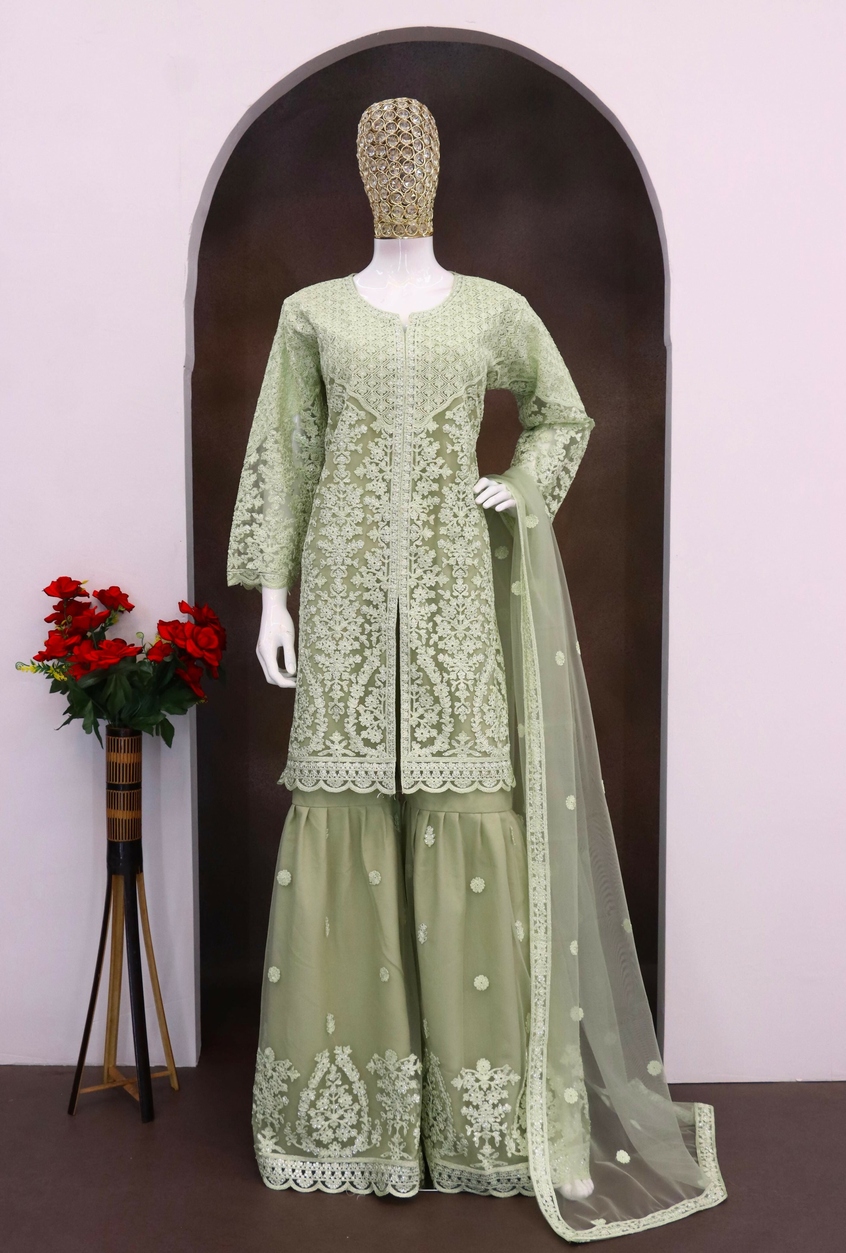 Anaita Green Heavy Net Readymade Suit with Embroidery & Sequence Work | Grocsy