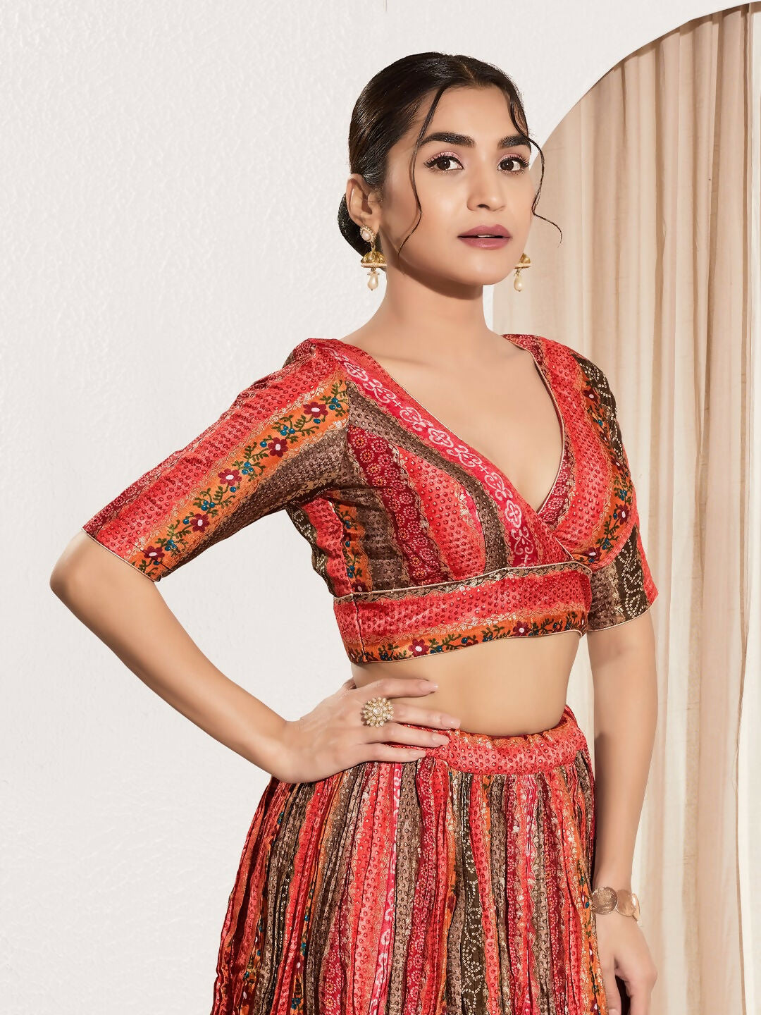Joban Fashion Maroon Multi Brocade Padded Blouse With V Neck Elbow Sleeves | Grocsy