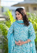 Juniper Women's Sky Blue Floral Printed Cotton Kurta Set With Thread & Mirror Work | Grocsy
