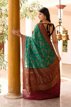 Joban Fashion Teal Green Crepe Chiffon Pure Handloom Banarasi Silk Saree | Grocsy