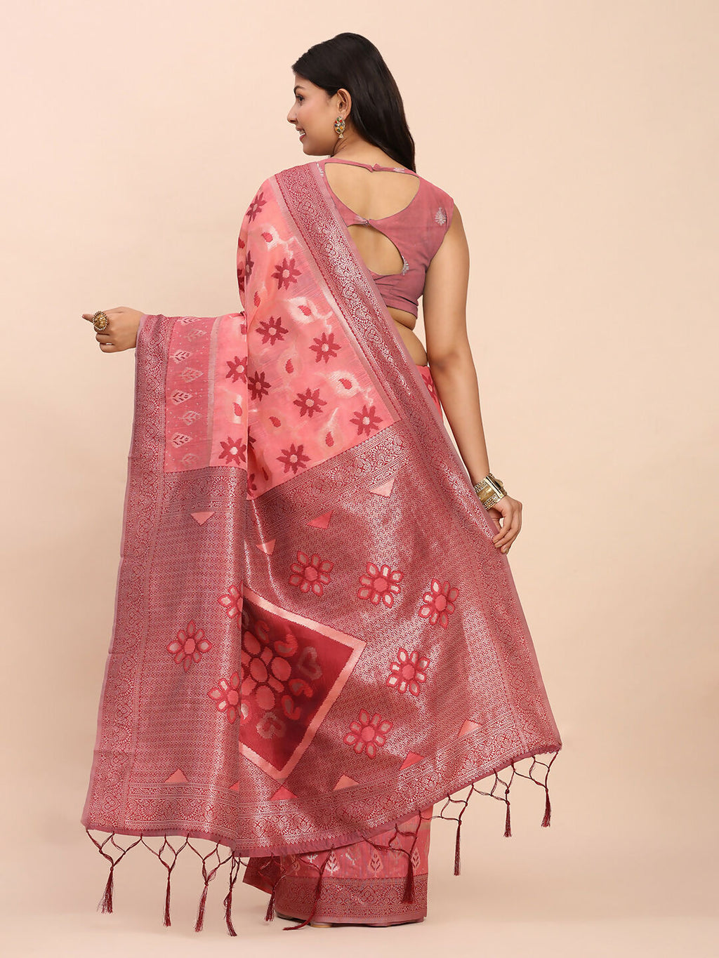 Shree Shyam Fashion Linen Cotton Peach Saree | Grocsy