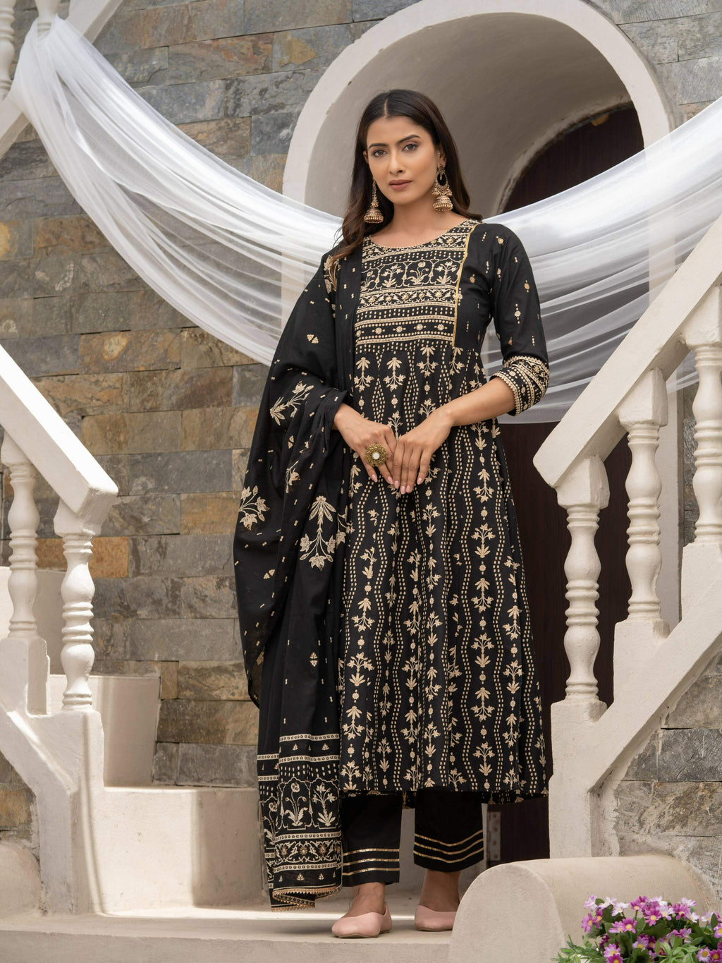 Black Cotton Cambric Printed with Sequins work Anarkali Kurta with Pant & Dupatta - Akashara | Grocsy