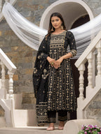 Black Cotton Cambric Printed with Sequins work Anarkali Kurta with Pant & Dupatta - Akashara | Grocsy