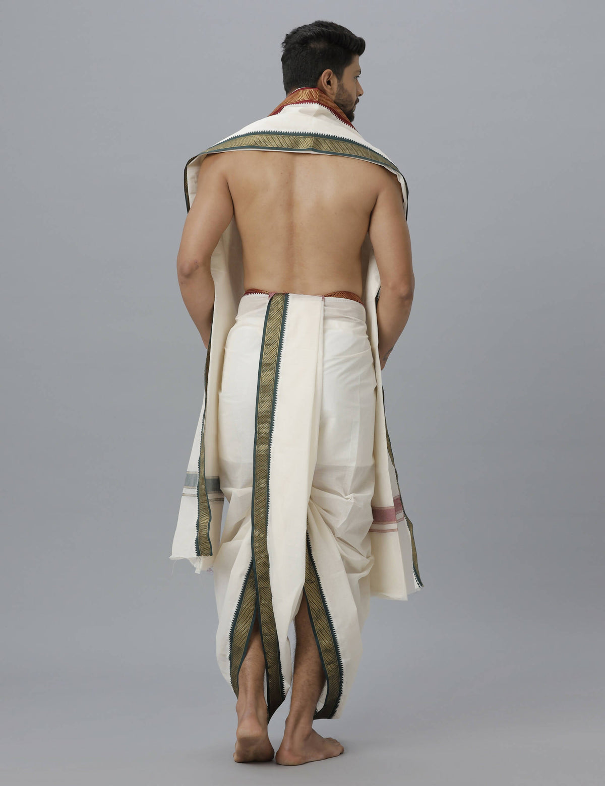 Indian Clothing Ramraj Cotton Mens Pure Cotton 5 Khan Jari 9 + 5 Kora Panchakacham Dhoti With Angavastram Set | Grocsy