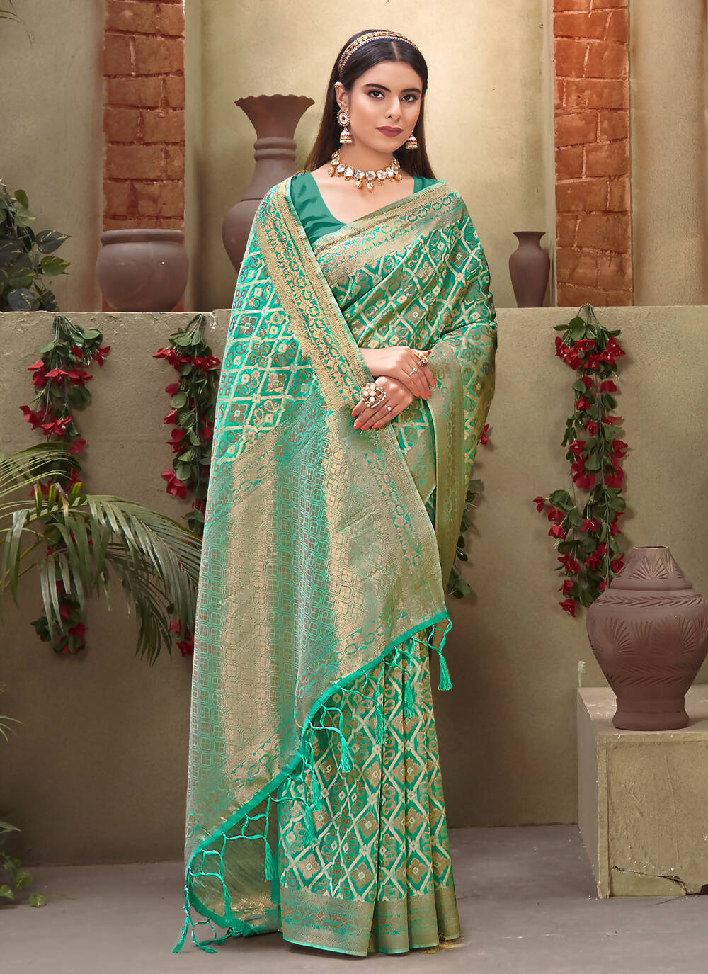 Sea Green Cotton Zari Woven Design Saree with Unstitched Blouse Piece - Aachal | Grocsy
