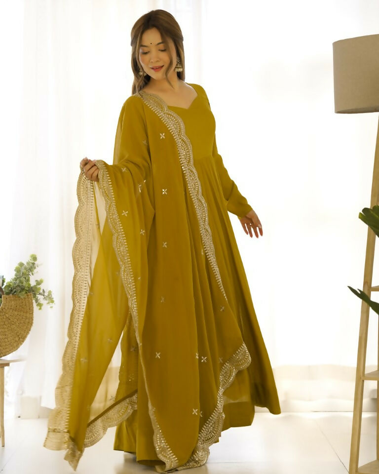 Teeya Creation Mustard Color Pure Roman Silk Chanderi Party Wear Fully Stitched Gown | Grocsy