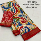 Red Cotton Crepe Batik Print Saree with Unstitched Blouse - Hiral Fashion | Grocsy