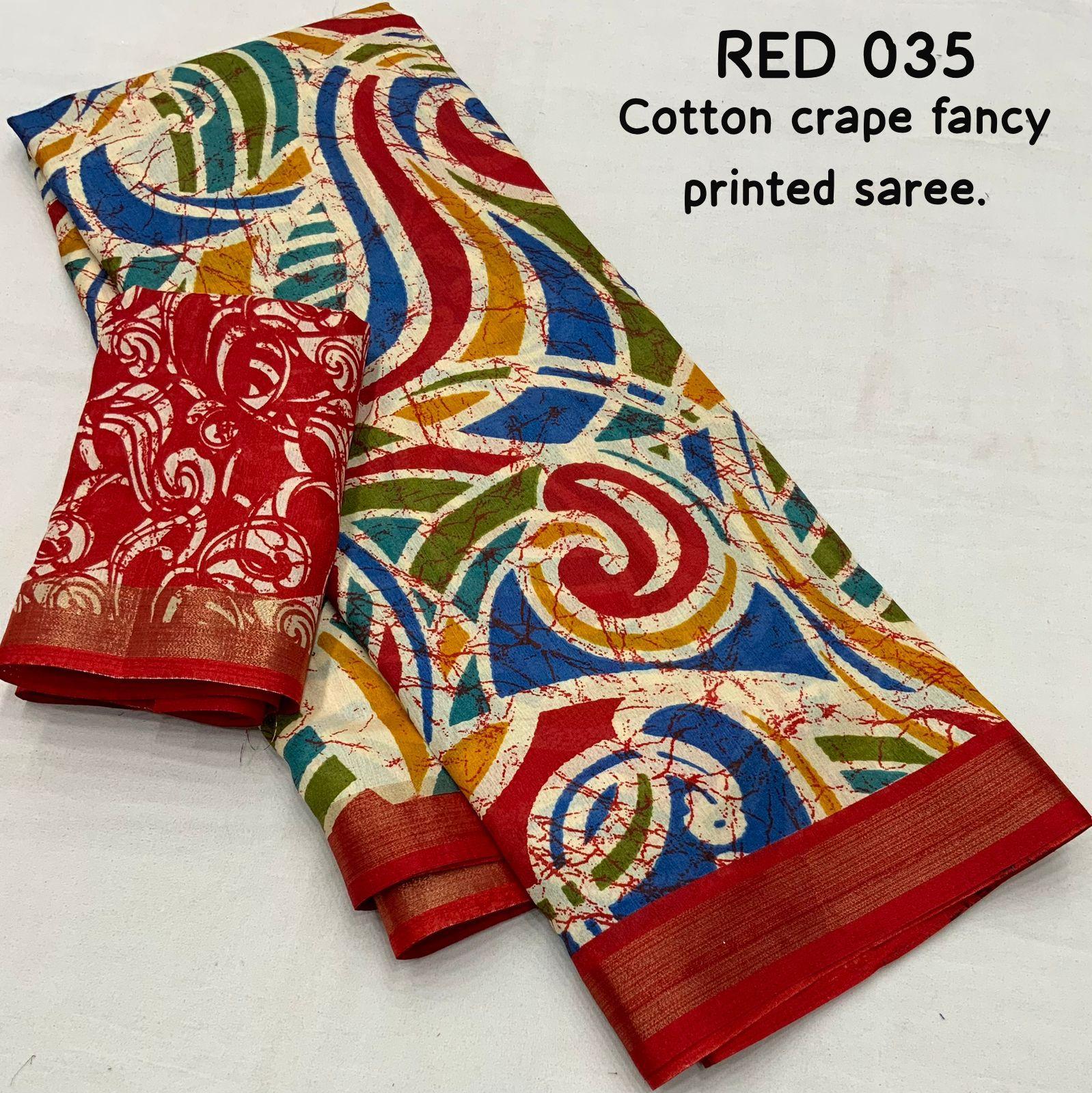 Red Cotton Crepe Batik Print Saree with Unstitched Blouse - Hiral Fashion | Grocsy