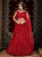 Myra Deep Red Heavy Embroidered Net Lehenga | Grocsy