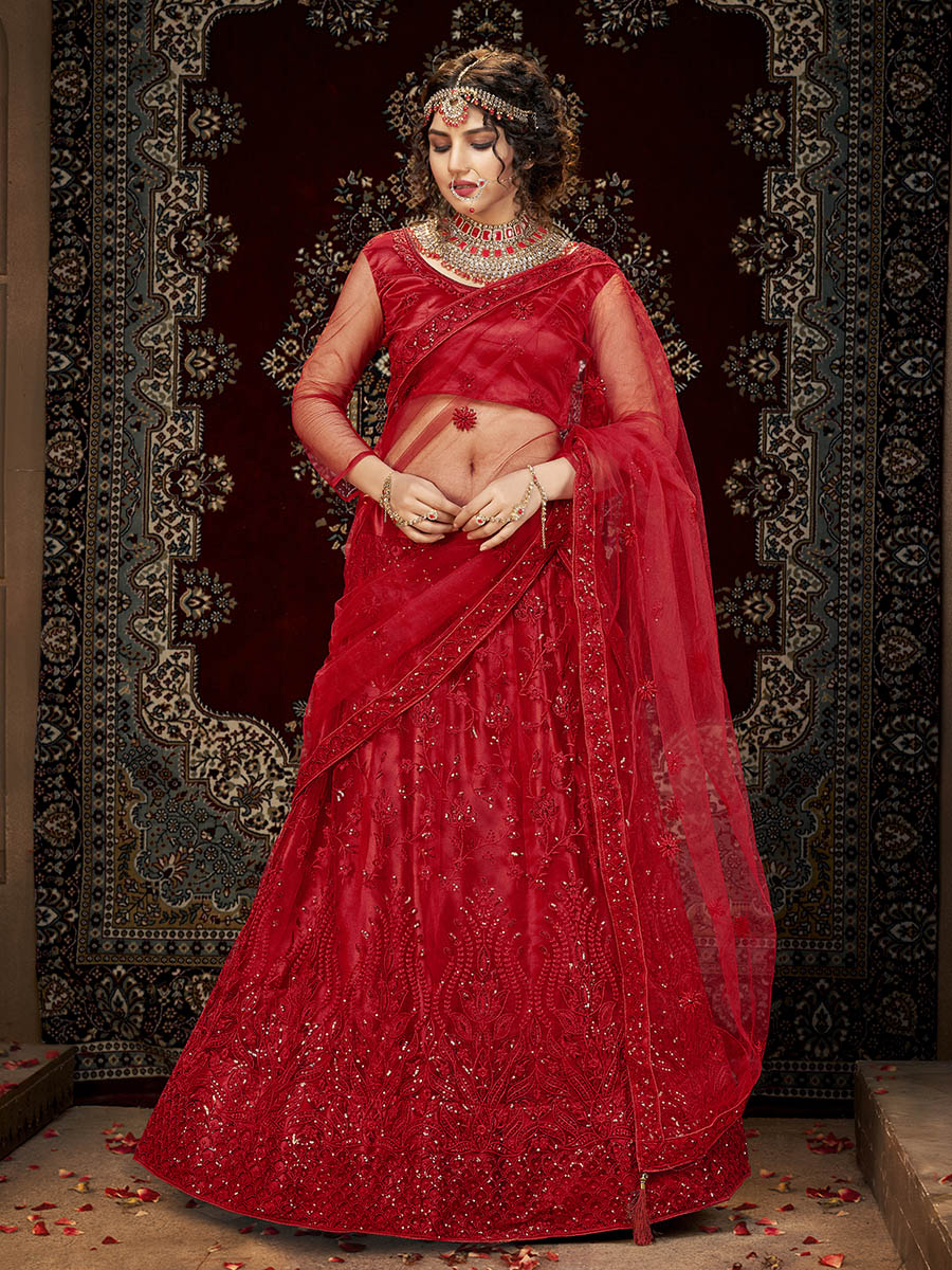 Myra Deep Red Heavy Embroidered Net Lehenga | Grocsy