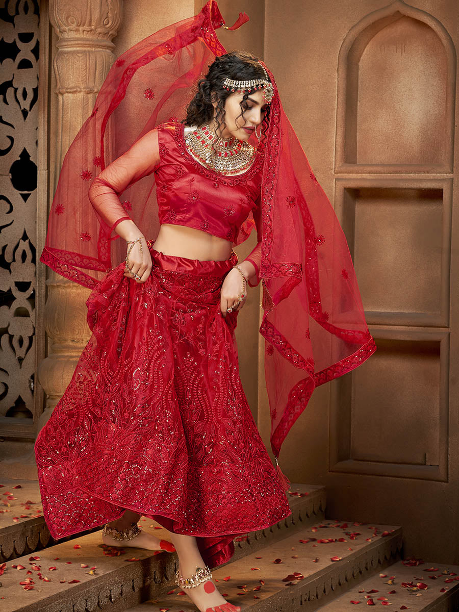 Myra Deep Red Heavy Embroidered Net Lehenga | Grocsy