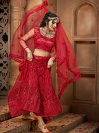 Myra Deep Red Heavy Embroidered Net Lehenga | Grocsy