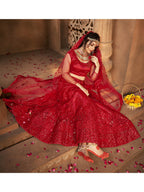 Myra Deep Red Heavy Embroidered Net Lehenga | Grocsy