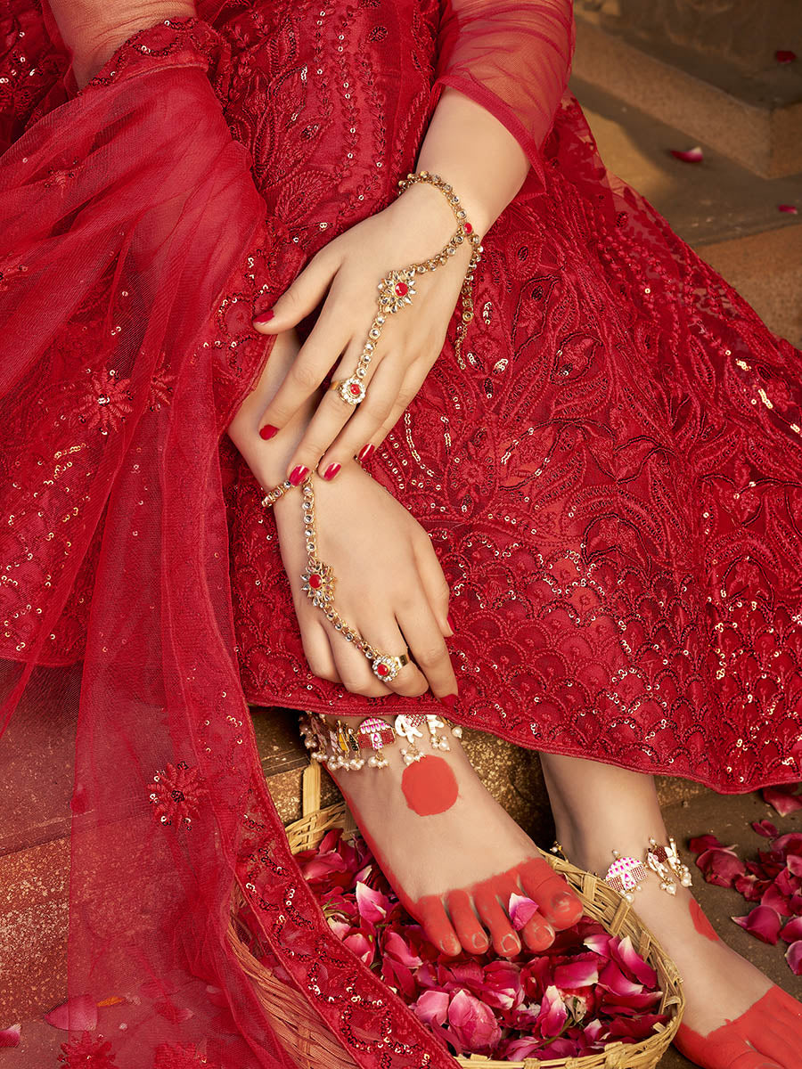Myra Deep Red Heavy Embroidered Net Lehenga | Grocsy