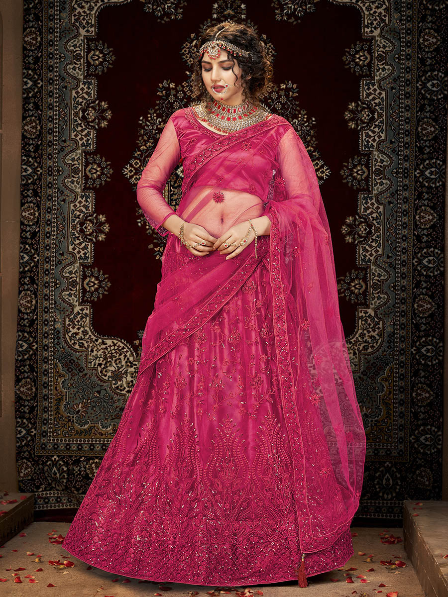 Myra Pink Heavy Embroidered Net Lehenga | Grocsy