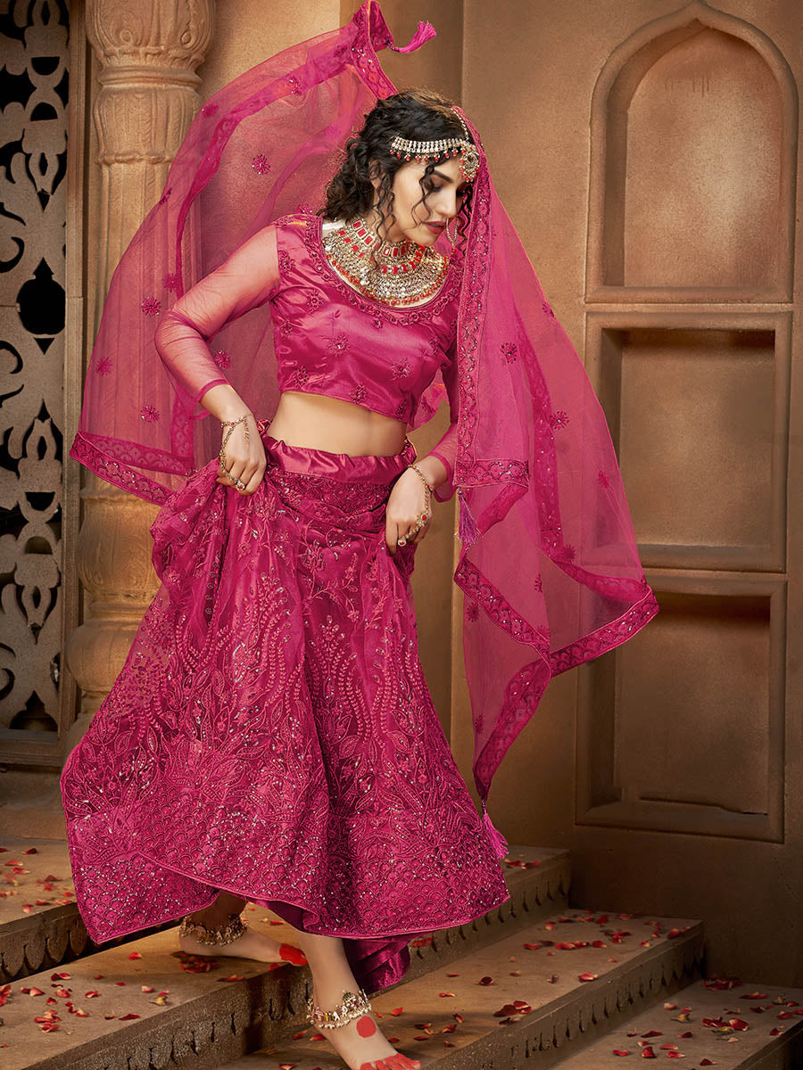 Myra Pink Heavy Embroidered Net Lehenga | Grocsy