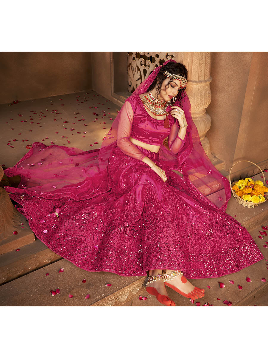 Myra Pink Heavy Embroidered Net Lehenga | Grocsy