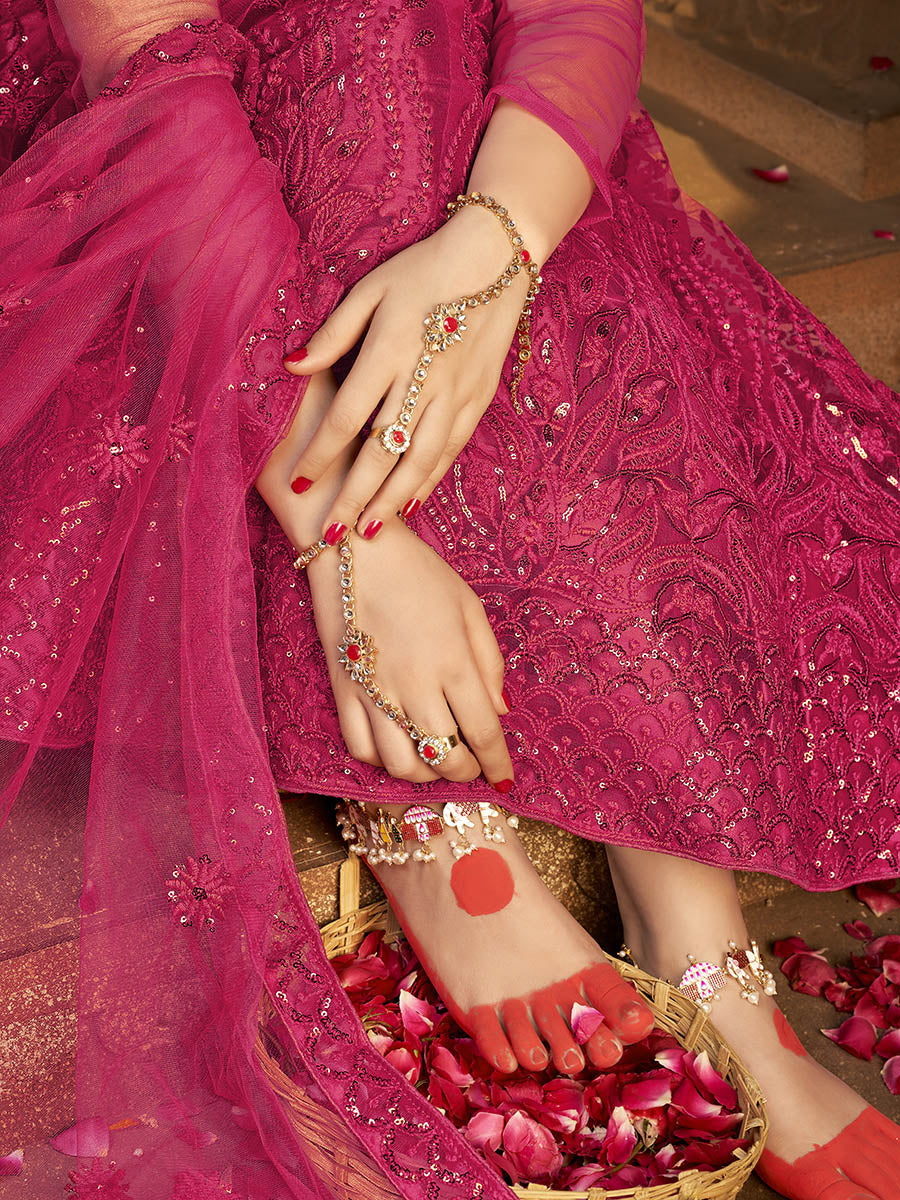 Myra Pink Heavy Embroidered Net Lehenga | Grocsy
