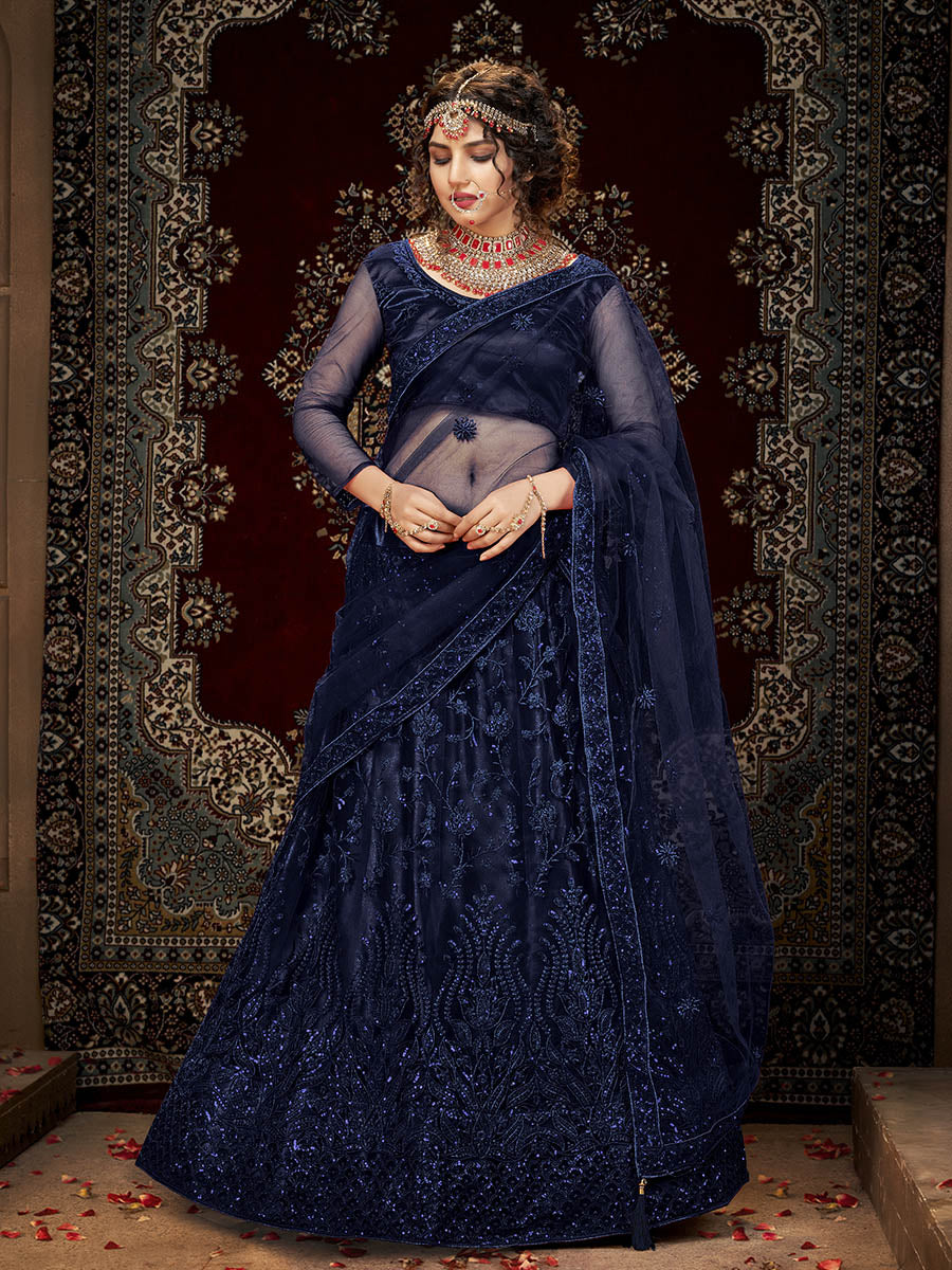 Myra Navy Blue Heavy Embroidered Net Lehenga | Grocsy
