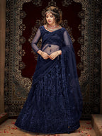 Myra Navy Blue Heavy Embroidered Net Lehenga | Grocsy