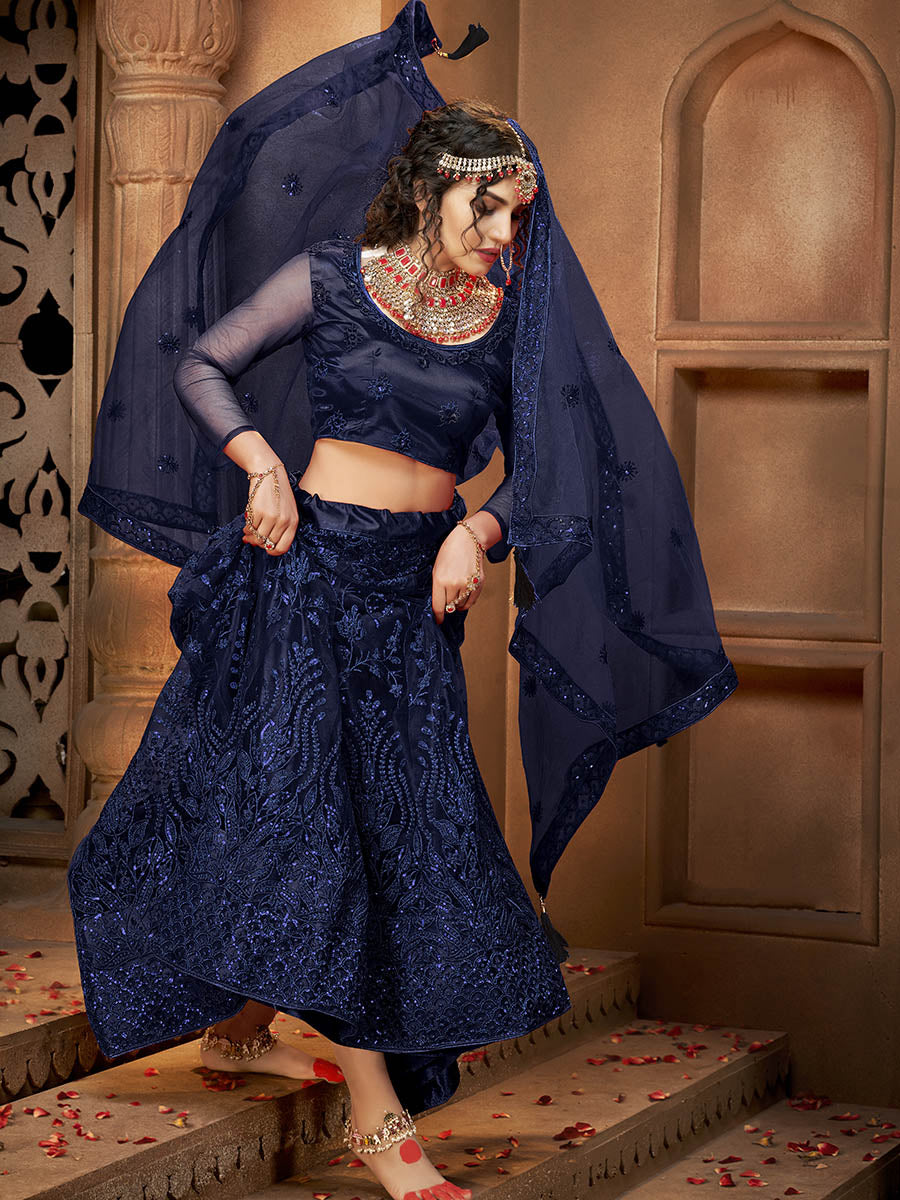 Myra Navy Blue Heavy Embroidered Net Lehenga | Grocsy