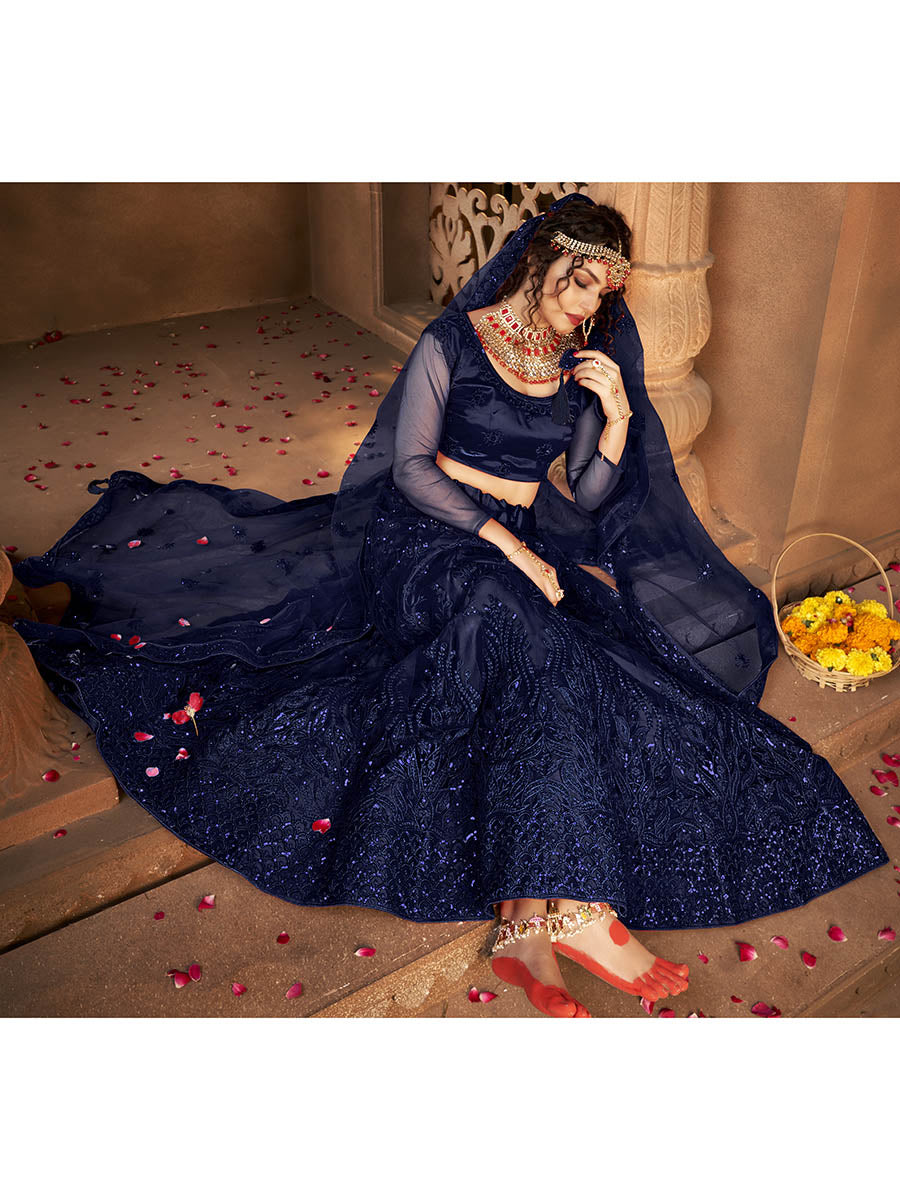 Myra Navy Blue Heavy Embroidered Net Lehenga | Grocsy