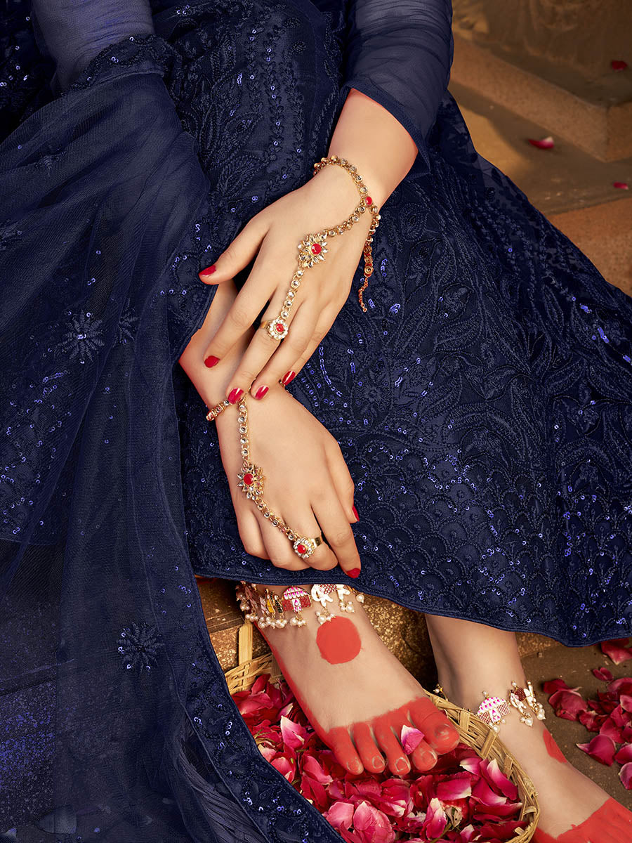 Myra Navy Blue Heavy Embroidered Net Lehenga | Grocsy
