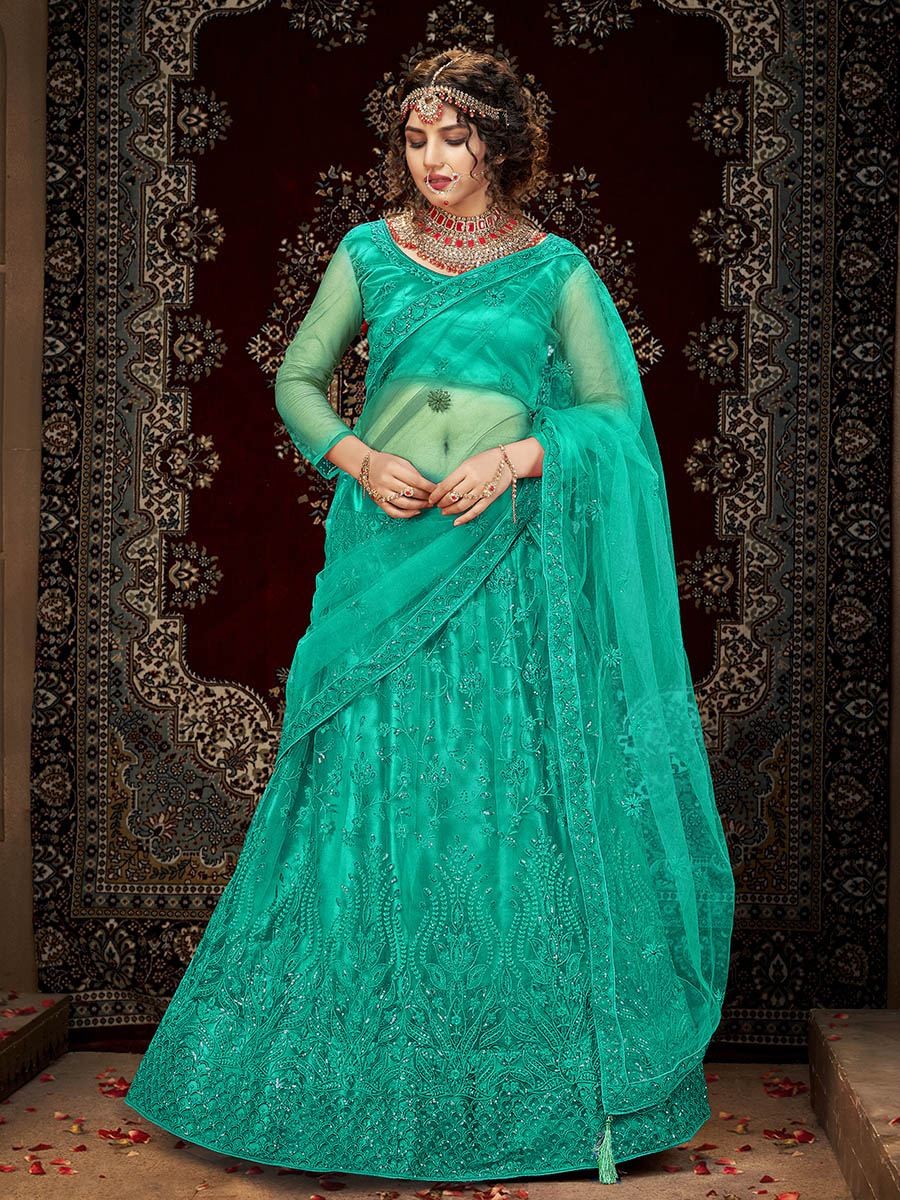Myra Sea Green Heavy Embroidered Net Lehenga | Grocsy