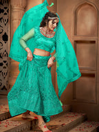 Myra Sea Green Heavy Embroidered Net Lehenga | Grocsy
