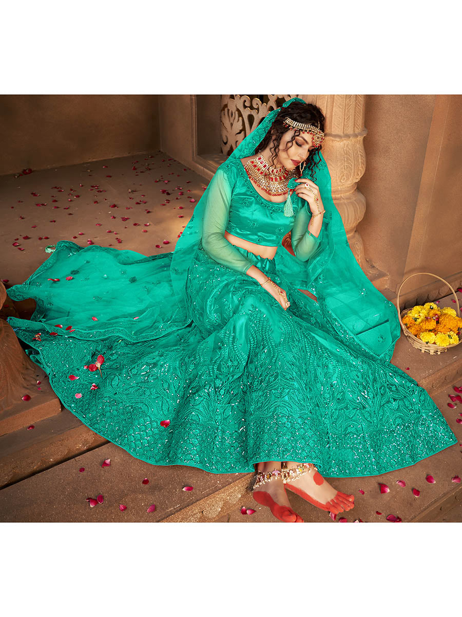 Myra Sea Green Heavy Embroidered Net Lehenga | Grocsy