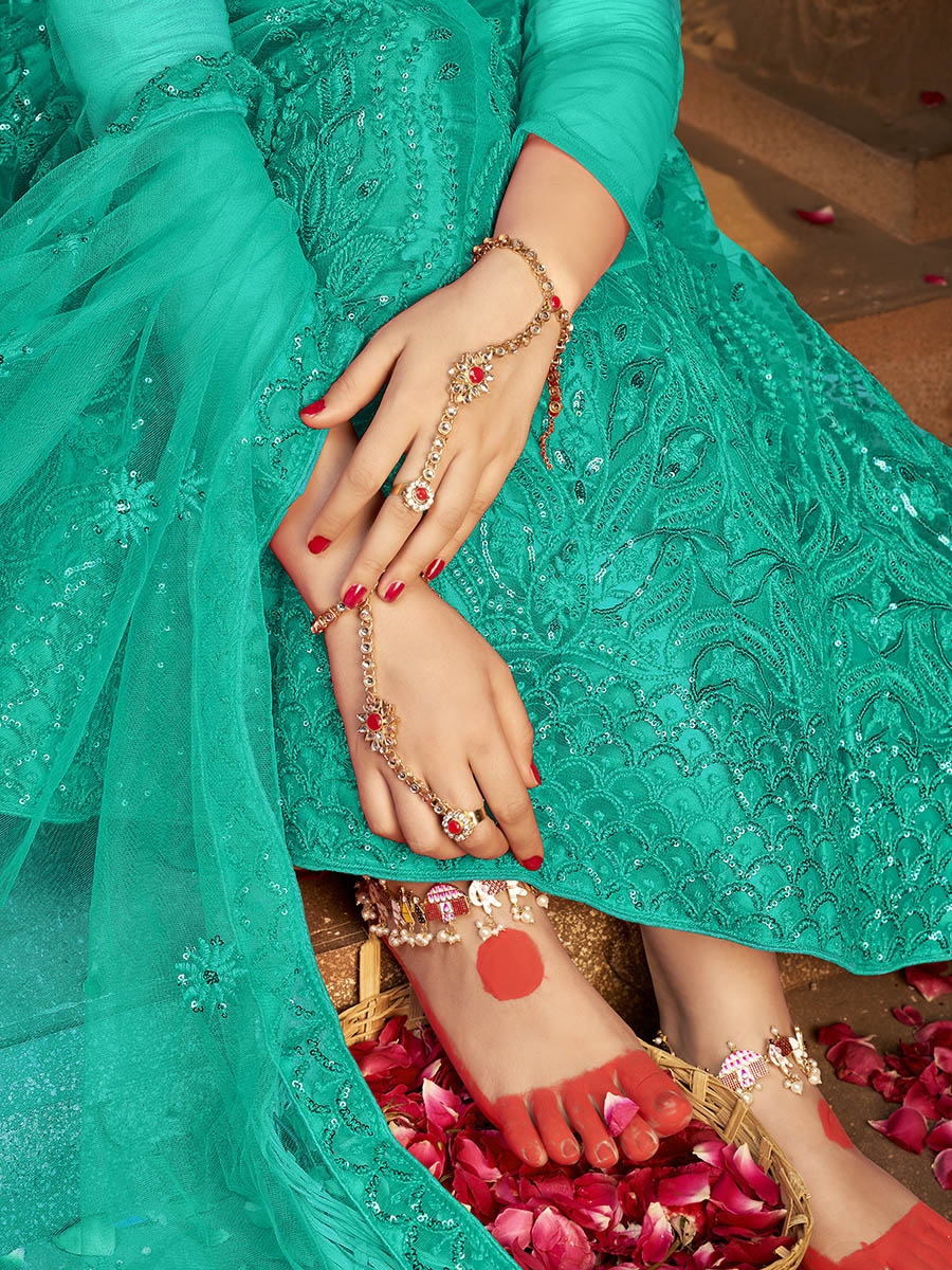 Myra Sea Green Heavy Embroidered Net Lehenga | Grocsy