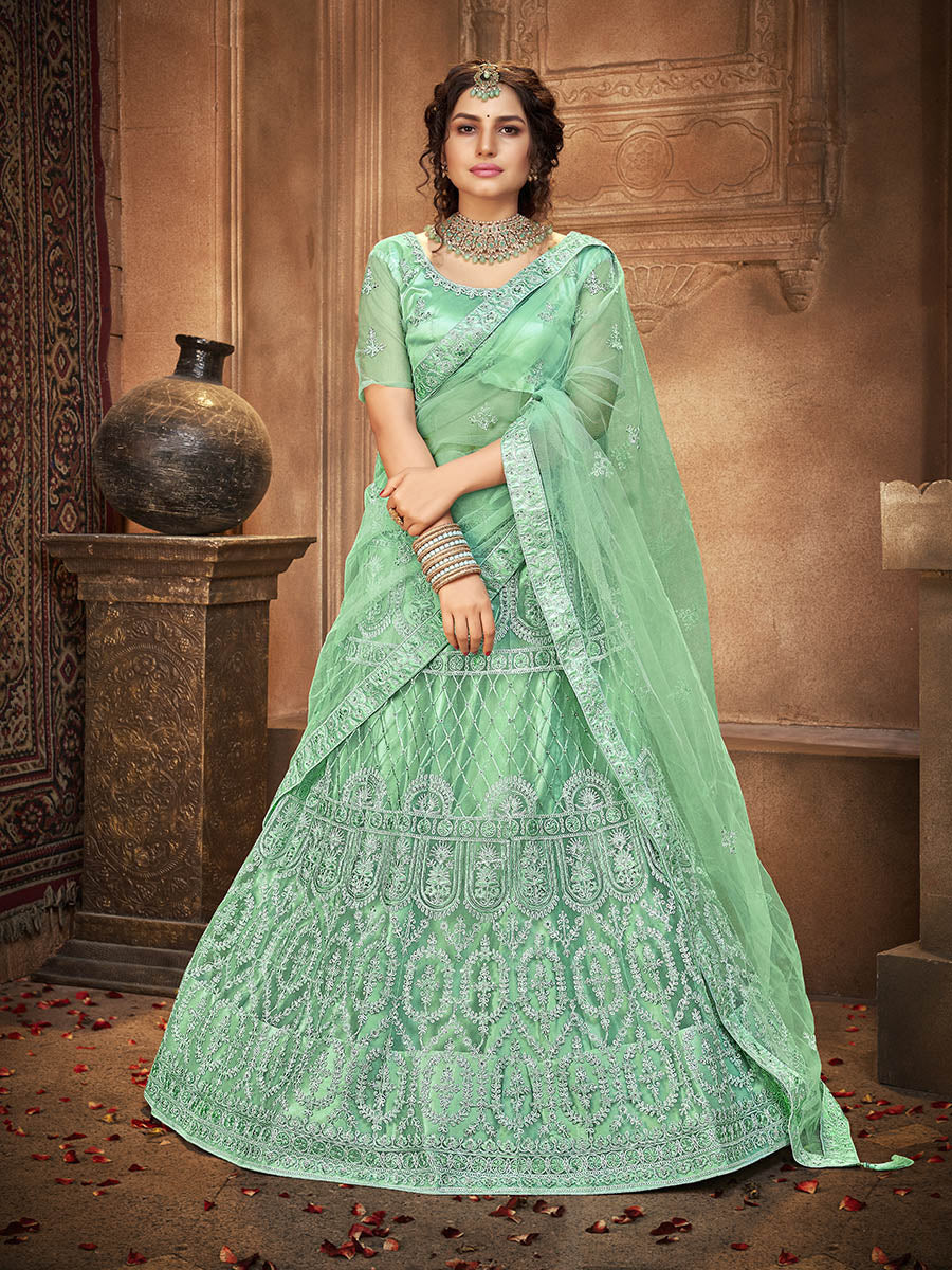 Myra Sea Green Heavy Embroidered Net Lehenga | Grocsy
