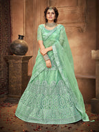 Myra Sea Green Heavy Embroidered Net Lehenga | Grocsy