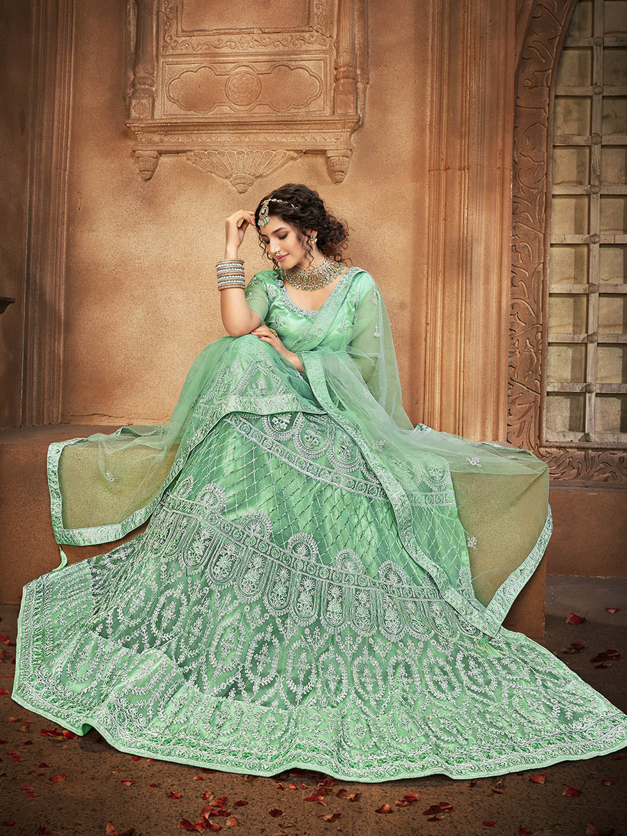 Myra Sea Green Heavy Embroidered Net Lehenga | Grocsy