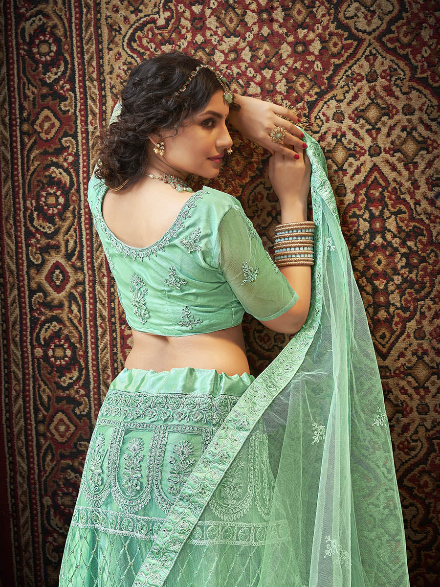 Myra Sea Green Heavy Embroidered Net Lehenga | Grocsy