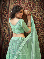 Myra Sea Green Heavy Embroidered Net Lehenga | Grocsy