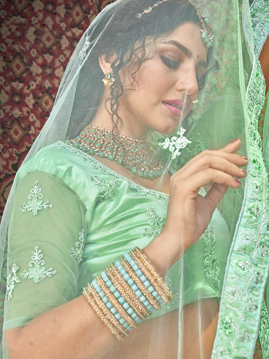 Myra Sea Green Heavy Embroidered Net Lehenga | Grocsy