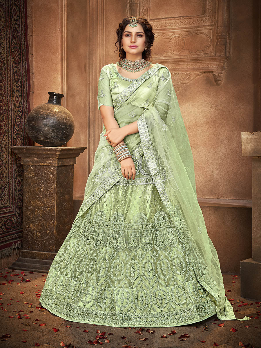 Myra Pista Heavy Embroidered Net Lehenga | Grocsy