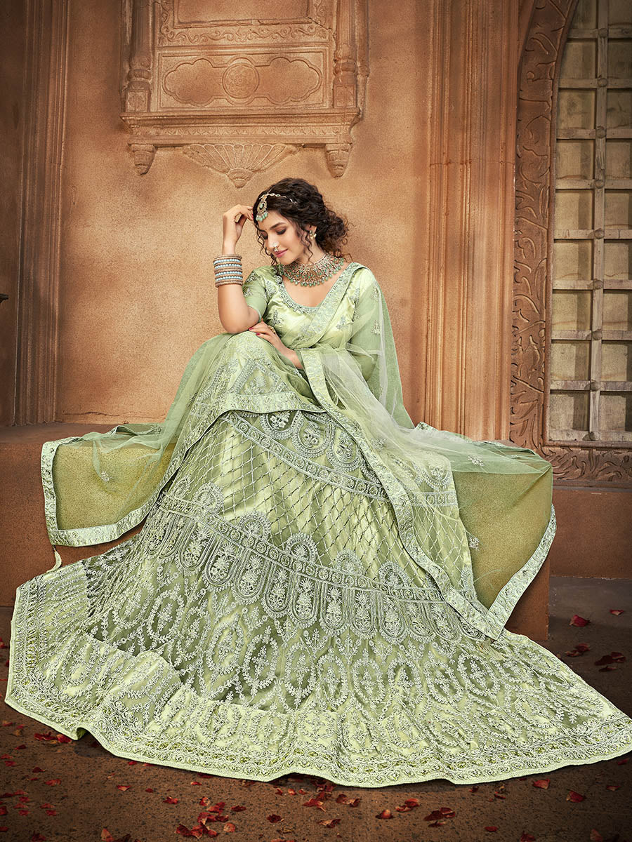 Myra Pista Heavy Embroidered Net Lehenga | Grocsy