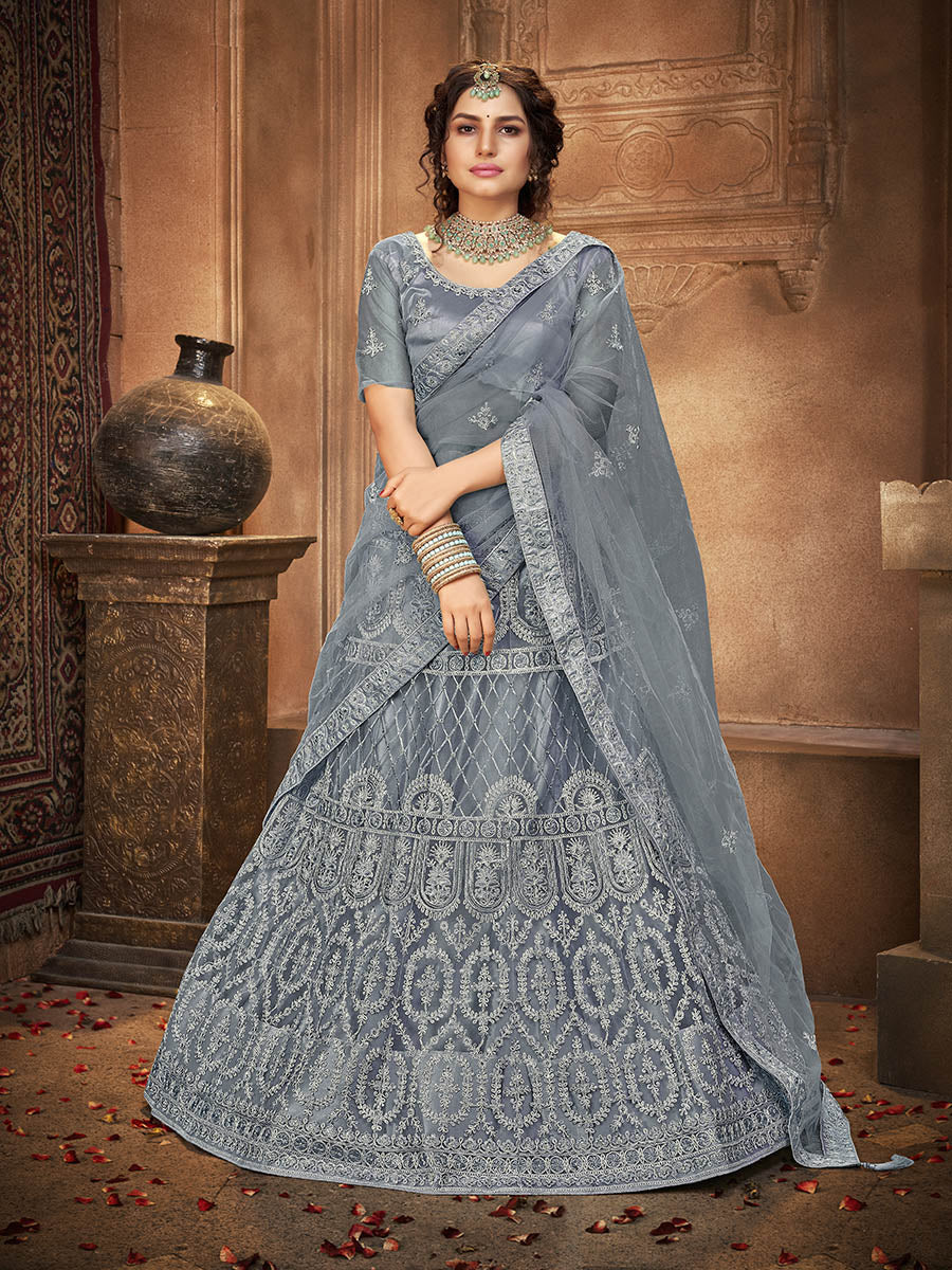 Myra Grey Heavy Embroidered Net Lehenga | Grocsy