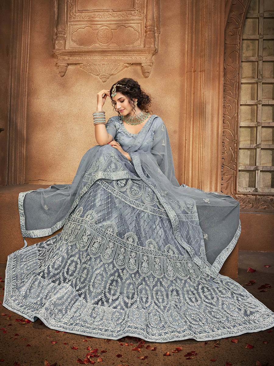 Myra Grey Heavy Embroidered Net Lehenga | Grocsy