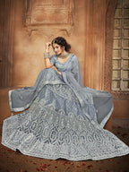 Myra Grey Heavy Embroidered Net Lehenga | Grocsy